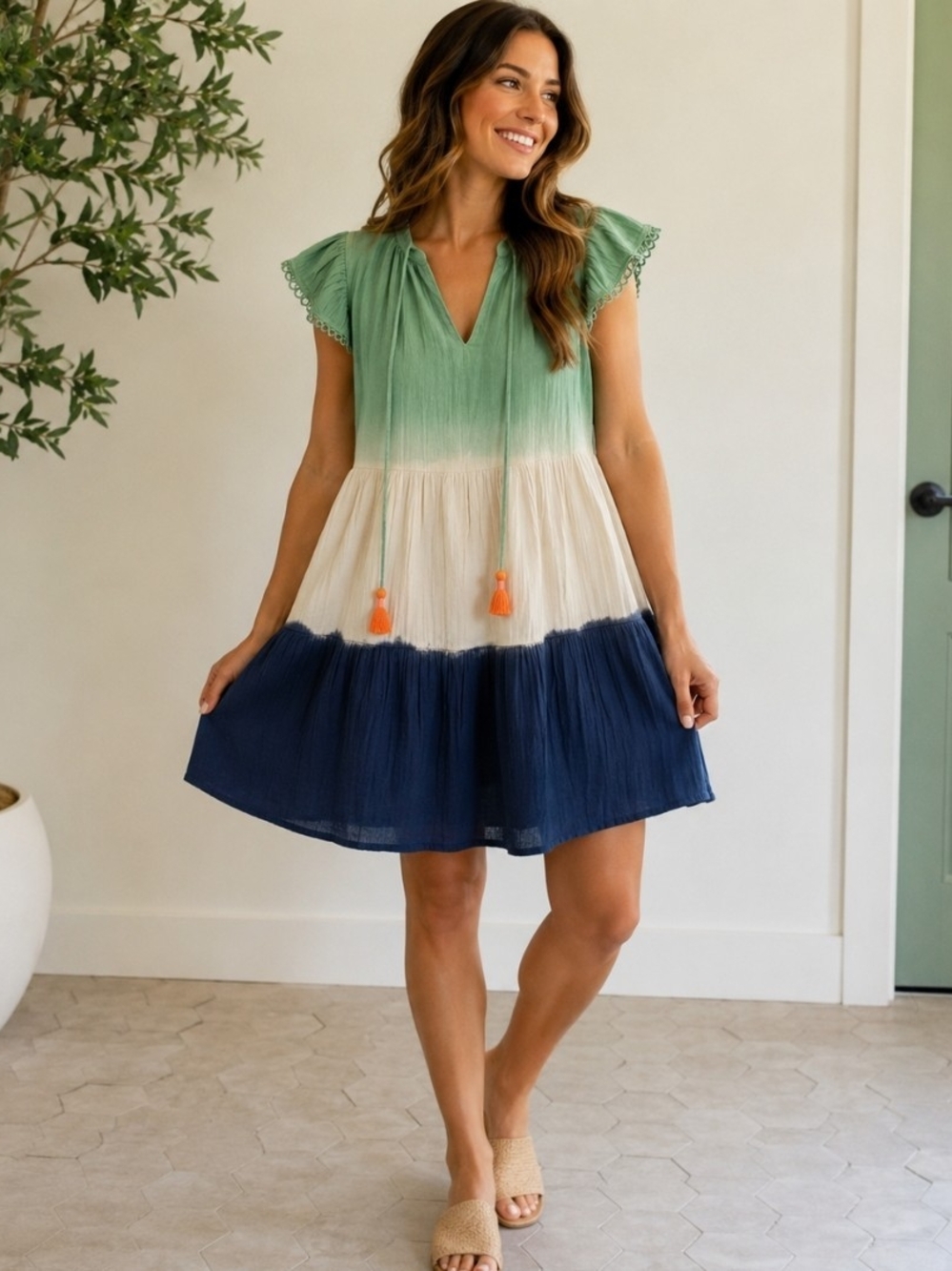 THML Colorblock Cotton Gauze Tassel Mini Dress Boho Cottagecore Small